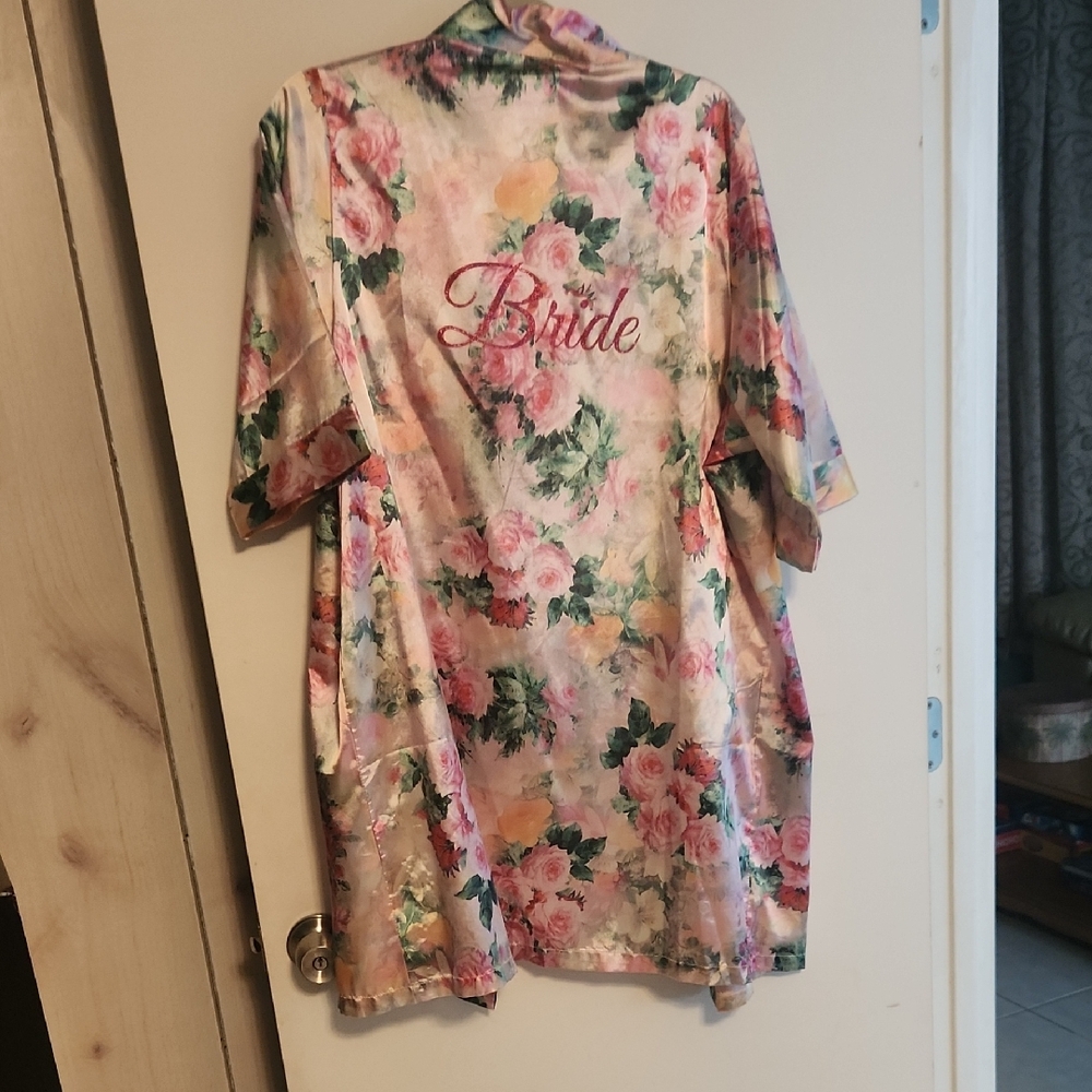 David's Bridal Floral Satin Robe with Bride Embroidery